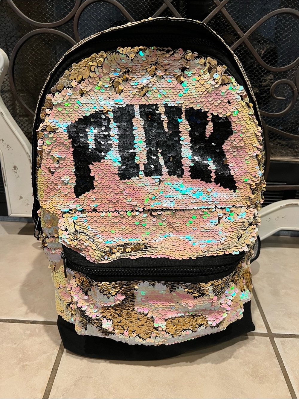 Victoria’s Secret PINK Flip Sequin Campus Backpack Black Iridescent Gold